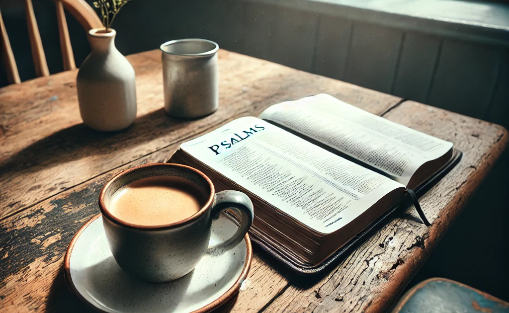 Bible and coffee on a café table in a warm comfortable space