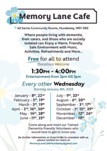 Memory Lane dementia Cafe poster - 13:30 - 16:00 Every other Wednesday starting Jan 8th 2025