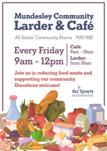 Mundesley Community Larder and Cafe Poster - All Saints' Community Rooms, NR11 8BE - Every Friday 9am - 12pm Larder from 10am. Join us reducing food waste and supporting our community. Donations Welcome. a collections of groceries and fruit and vegetables